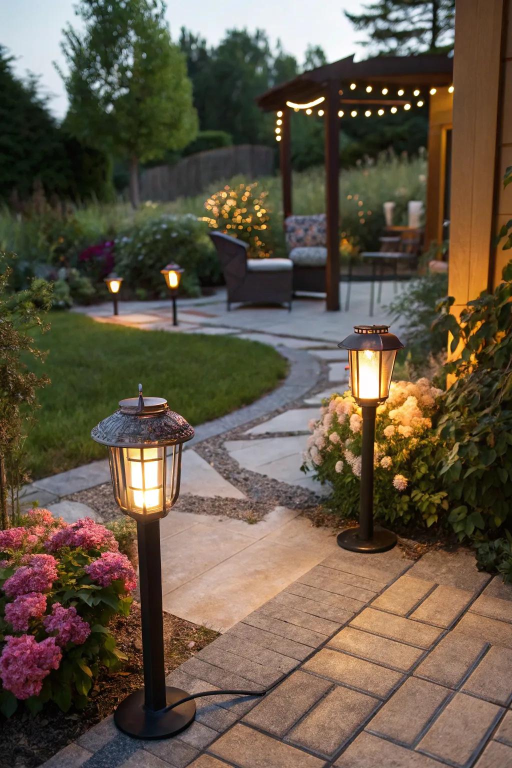 Garden luminaires casting a warm glow over a patio area.