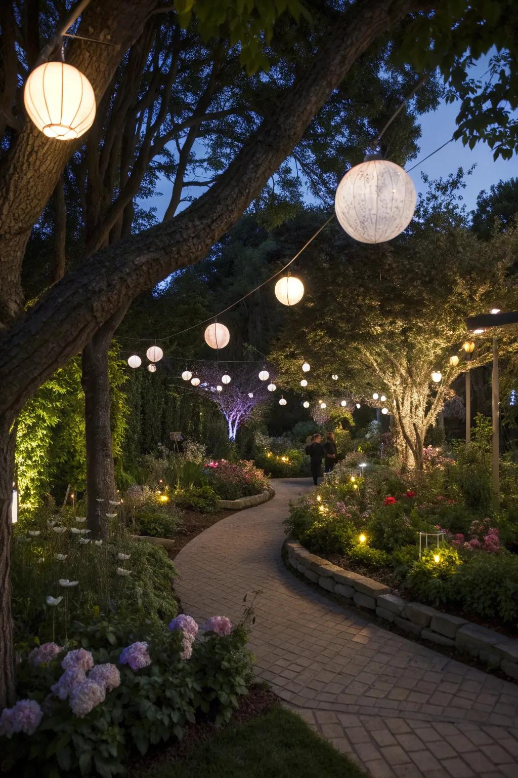 Whimsical globe lights creating an enchanting garden atmosphere.