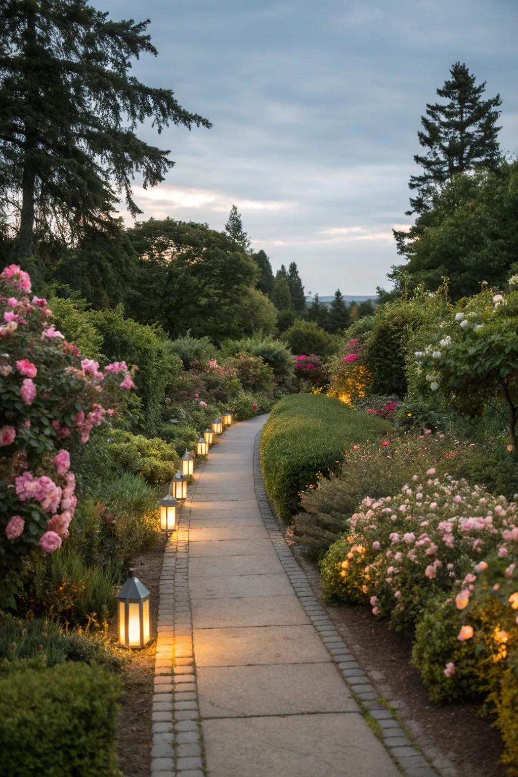 A softly lit pathway leading to a home, enhancing safety and charm.