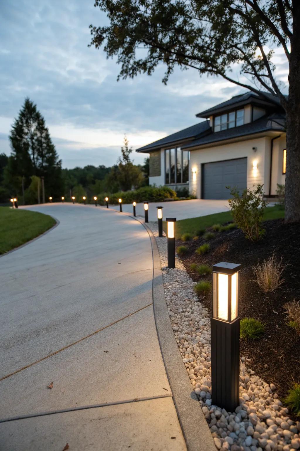 Chic bollard lights illuminating a driveway with modern flair.