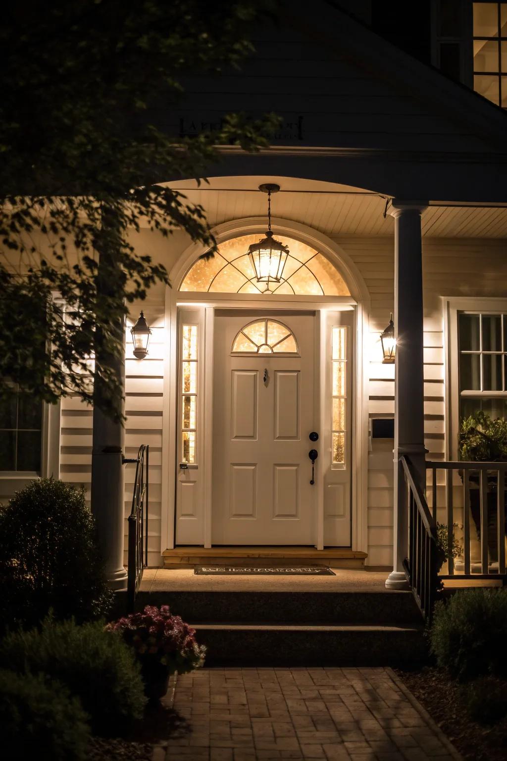 Focused lighting that highlights the entryway of a home.