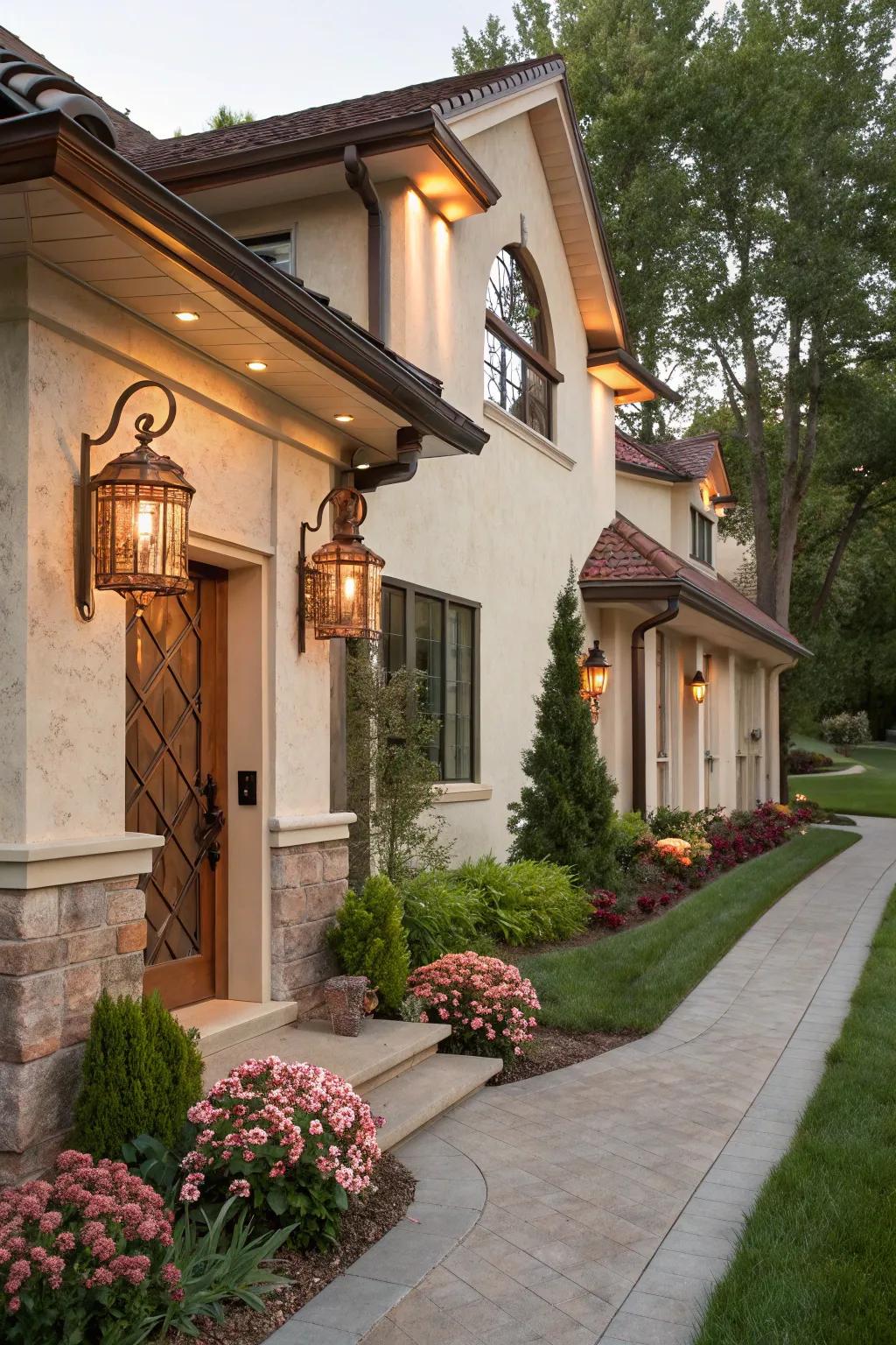 Copper wall fixtures adding a warm metallic touch to a home exterior.