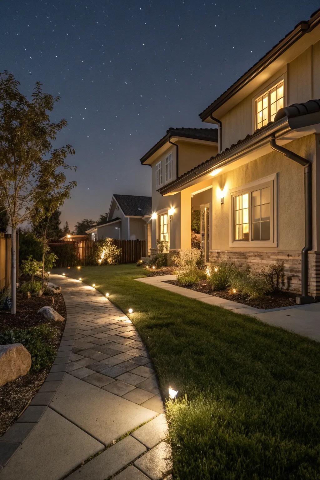 Smart motion sensor lights enhancing security at a home's entrance.