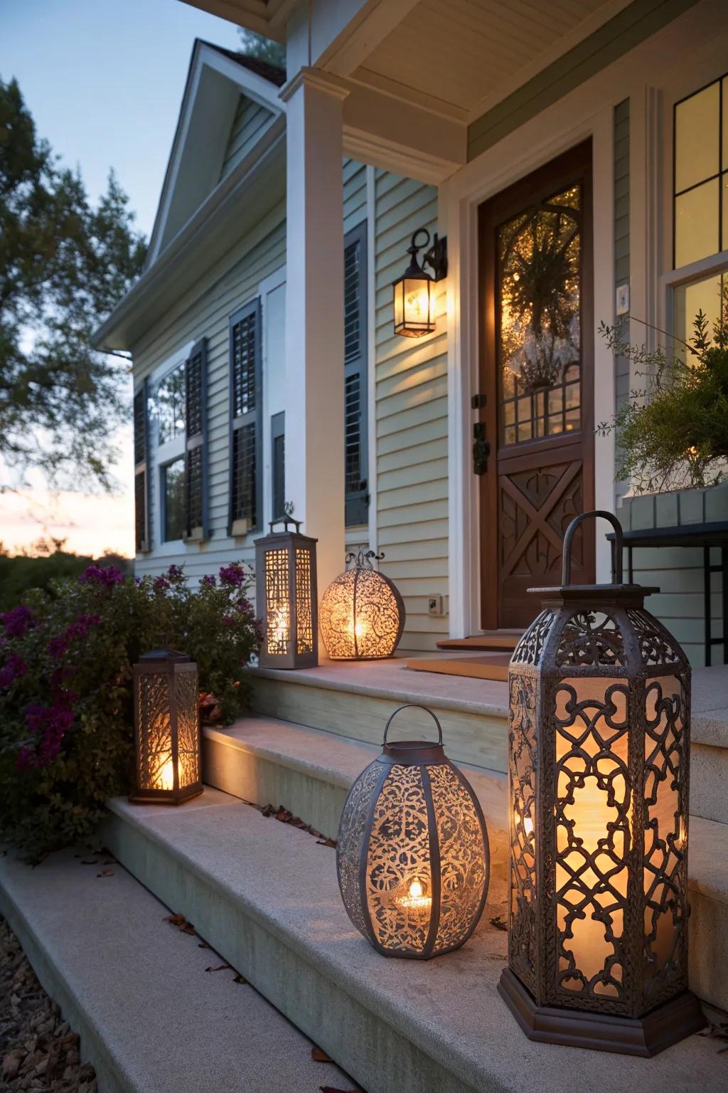 Artistic lanterns adding charm and style to a front porch.