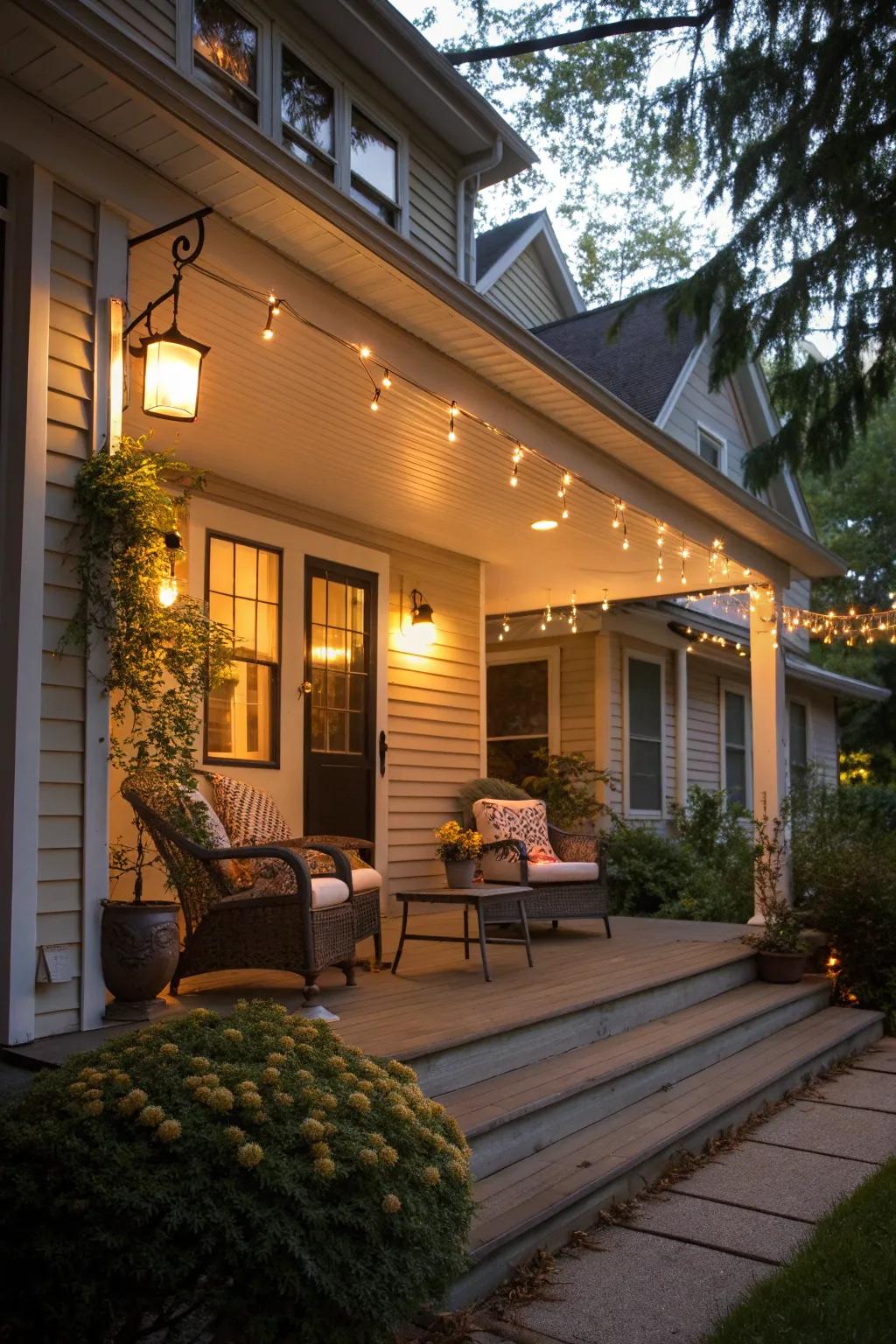 A cozy front porch warmly lit, perfect for welcoming guests.
