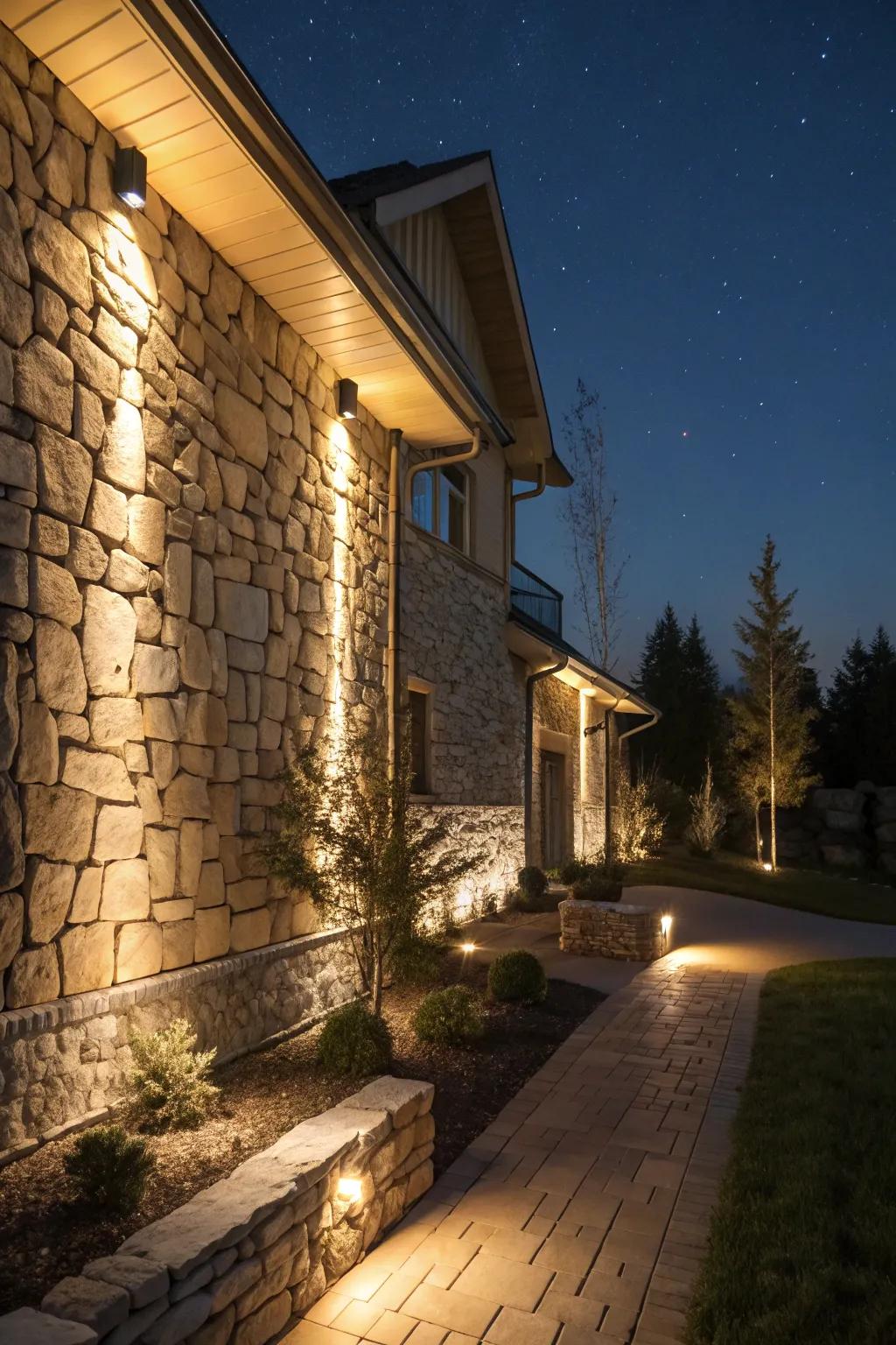 Spotlights accentuating a stone wall on a modern home.