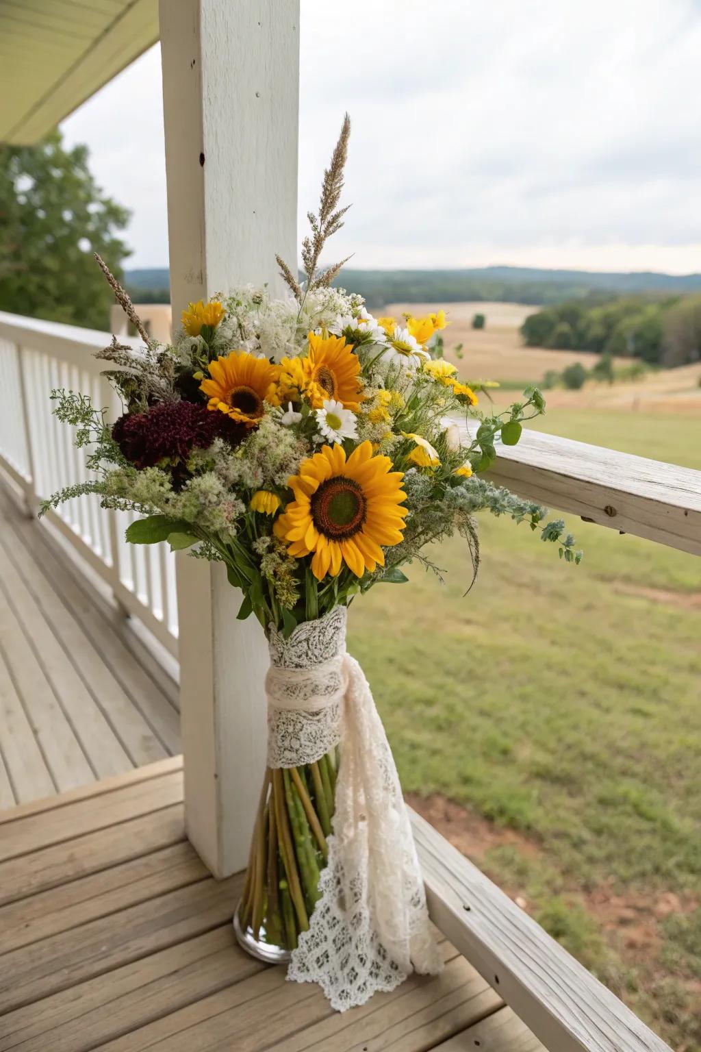 A rustic bouquet combining sunflowers and wildflowers, exuding countryside charm.