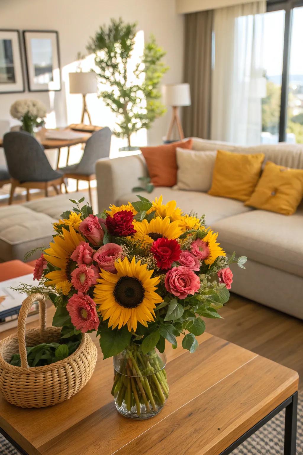 A vibrant bouquet of sunflowers paired with roses, adding a romantic touch.