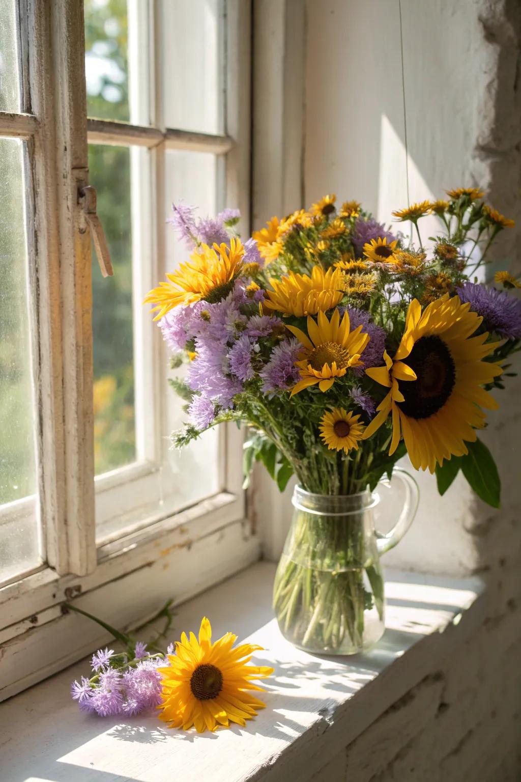 A vibrant sunflower and aster bouquet brightening up a windowsill.