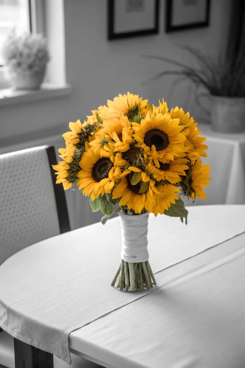 A monochrome bouquet featuring sunflowers in different yellow hues.