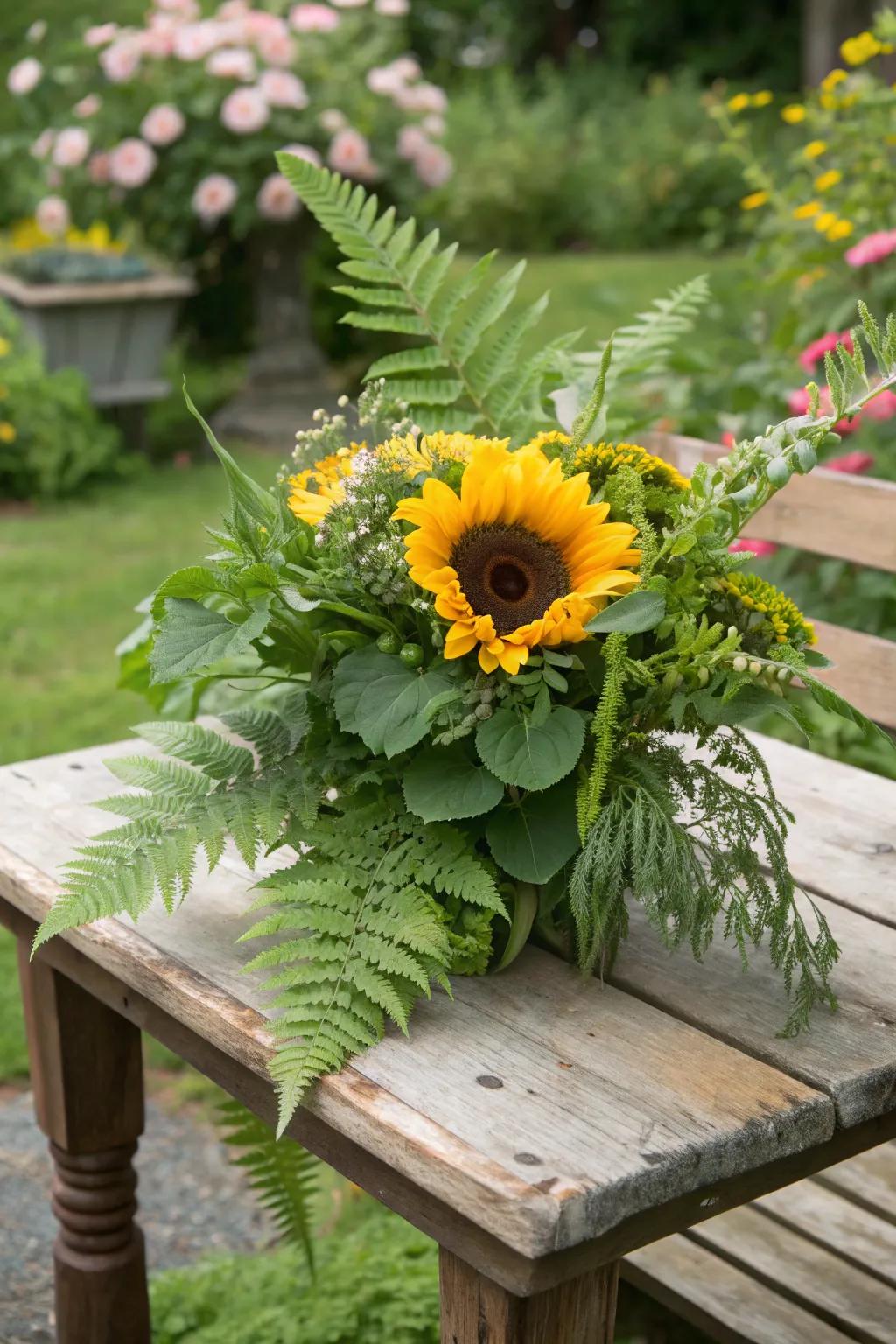 A refreshing combination of sunflowers and ferns in a rustic garden setting.