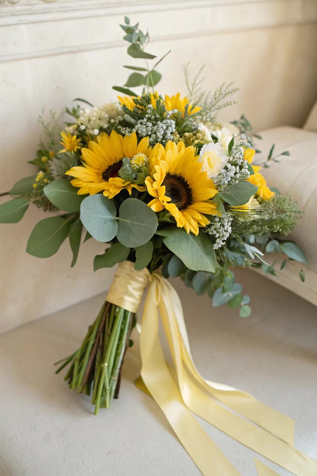 An elegant sunflower bouquet with eucalyptus, ideal for a fall wedding.