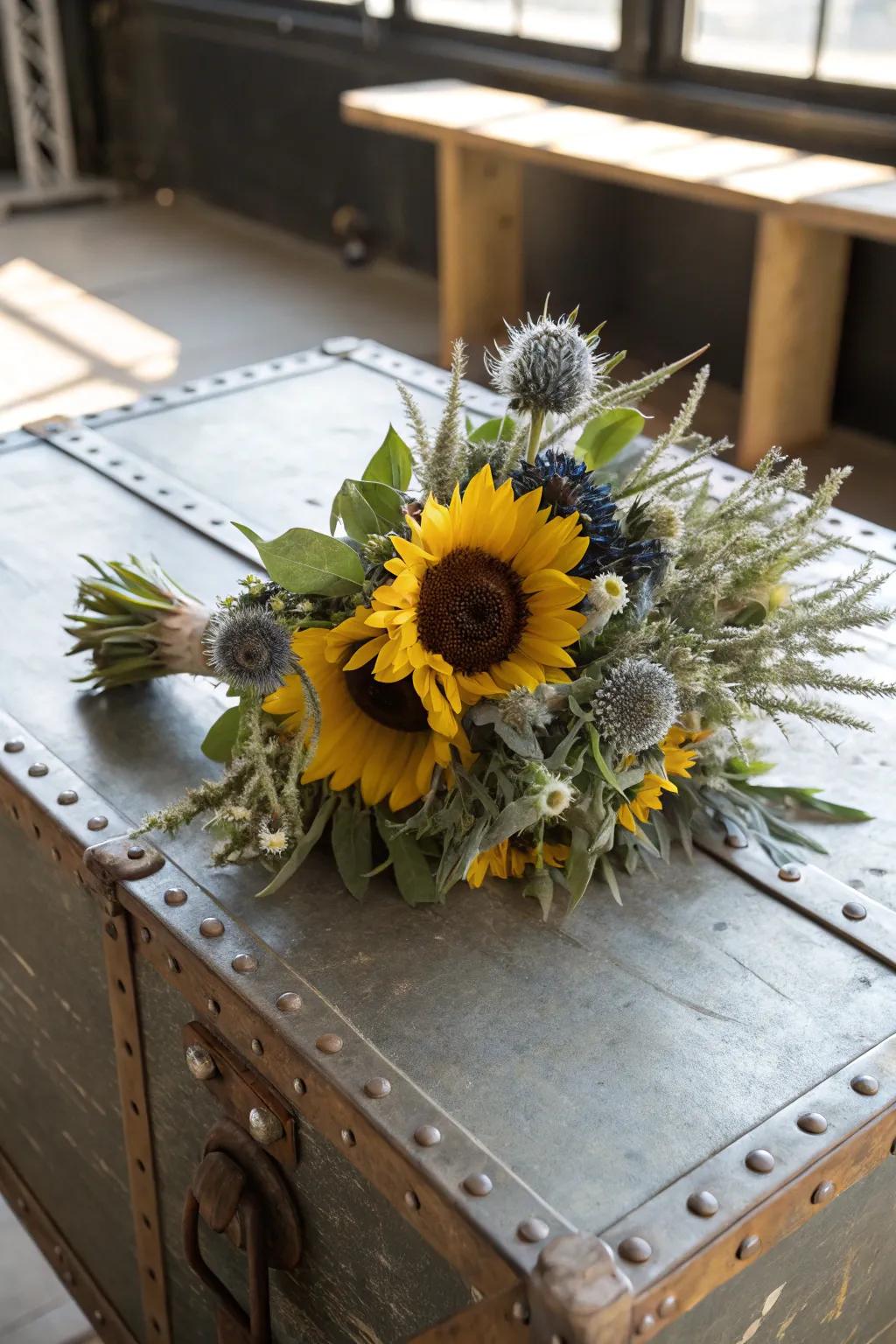 A bold sunflower and thistle arrangement adding texture and contrast.