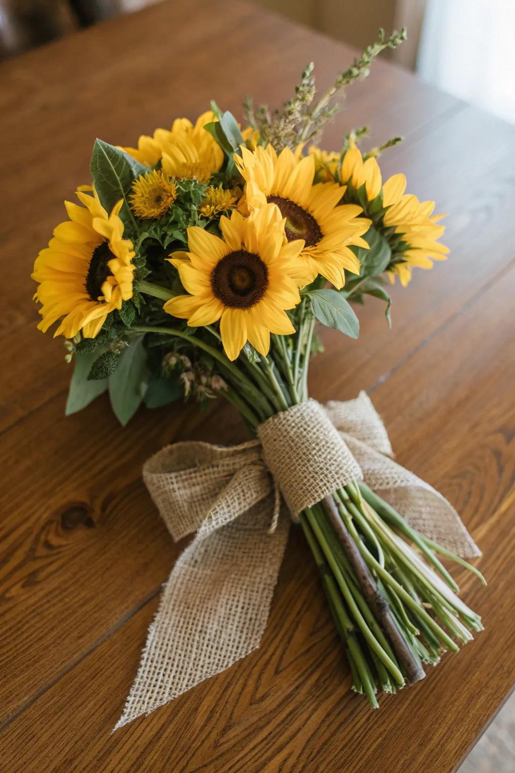 A classic sunflower bouquet tied with a rustic burlap ribbon, perfect for any occasion.