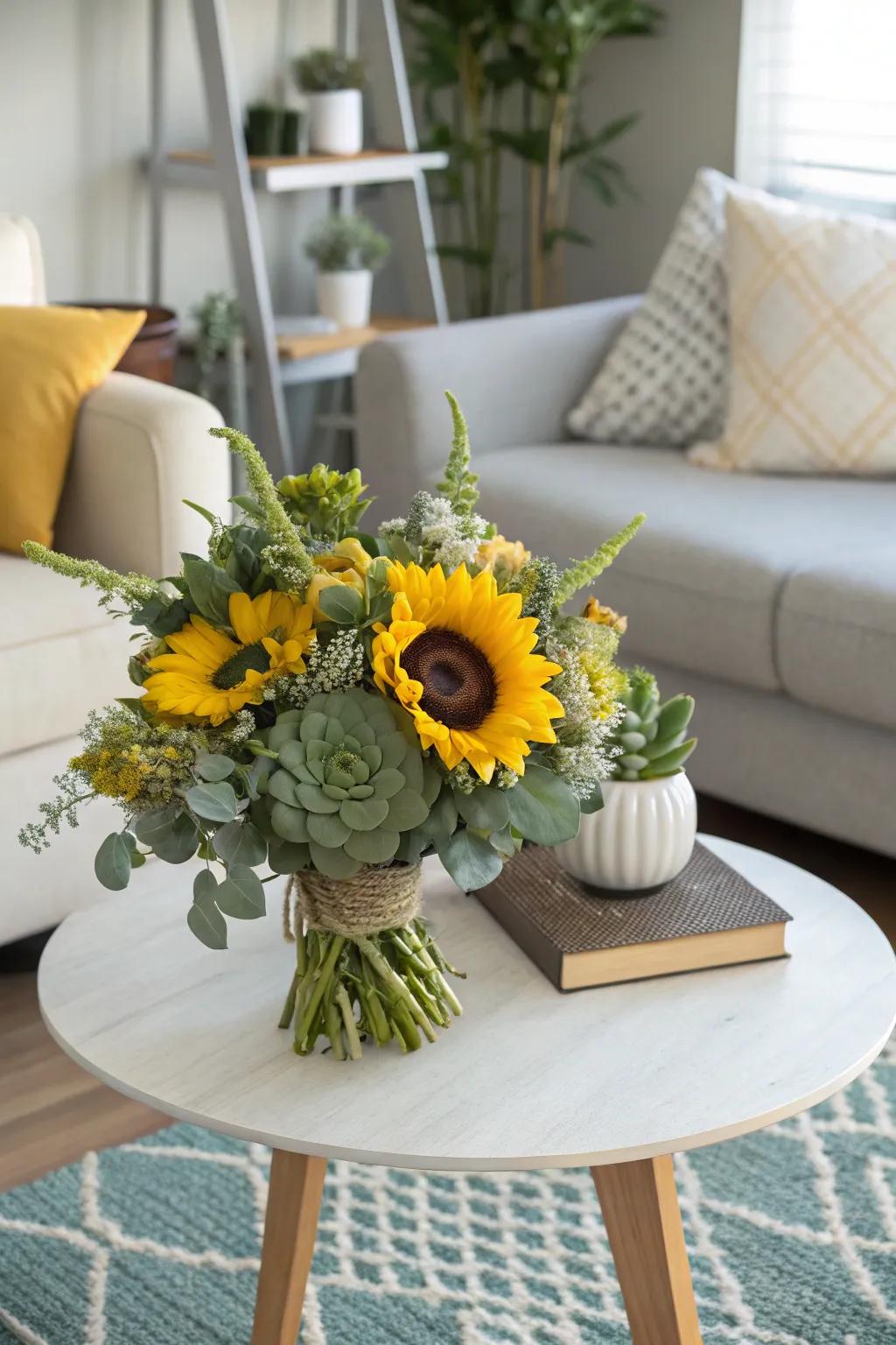 A contemporary bouquet combining sunflowers with succulents for a modern look.