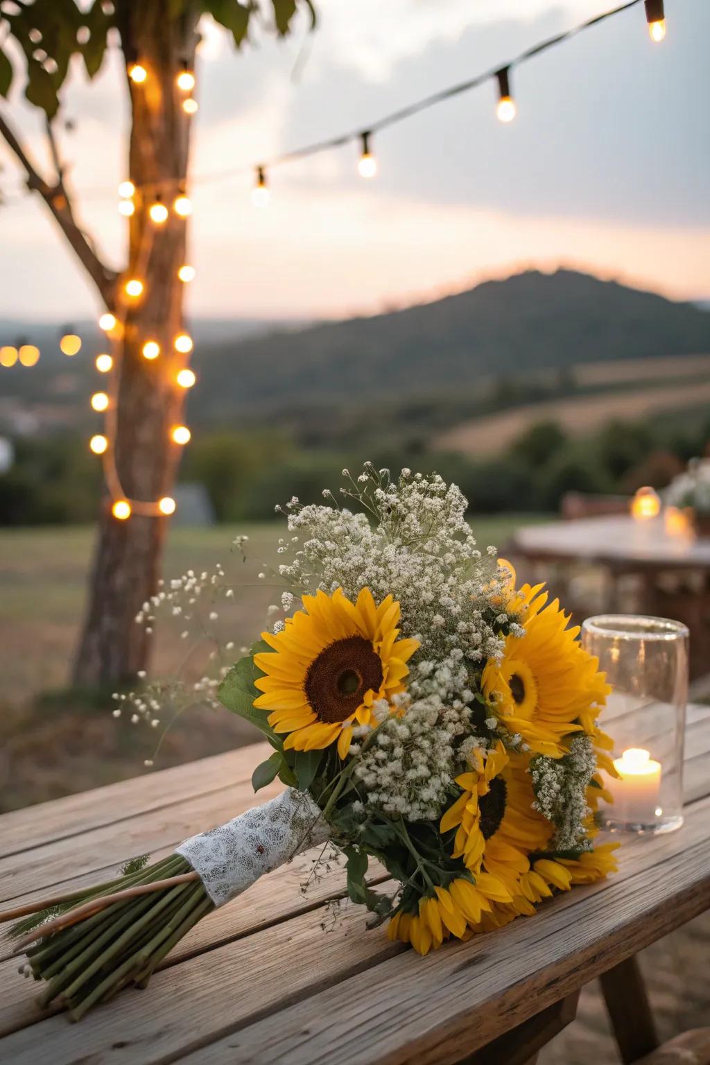 A delicate sunflower and baby’s breath bouquet perfect for romantic occasions.