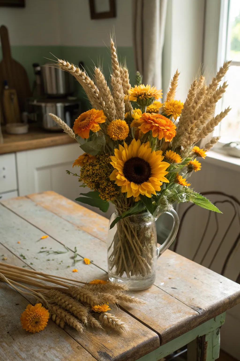 A harvest-inspired bouquet featuring sunflowers, wheat stalks, and marigolds.