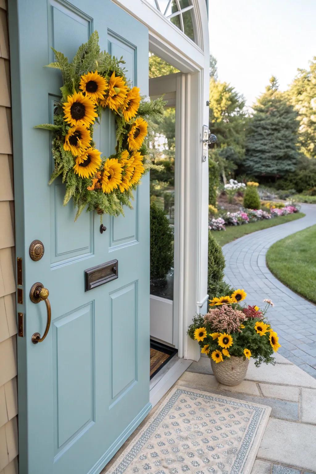 A welcoming sunflower wreath adding charm to a front door.