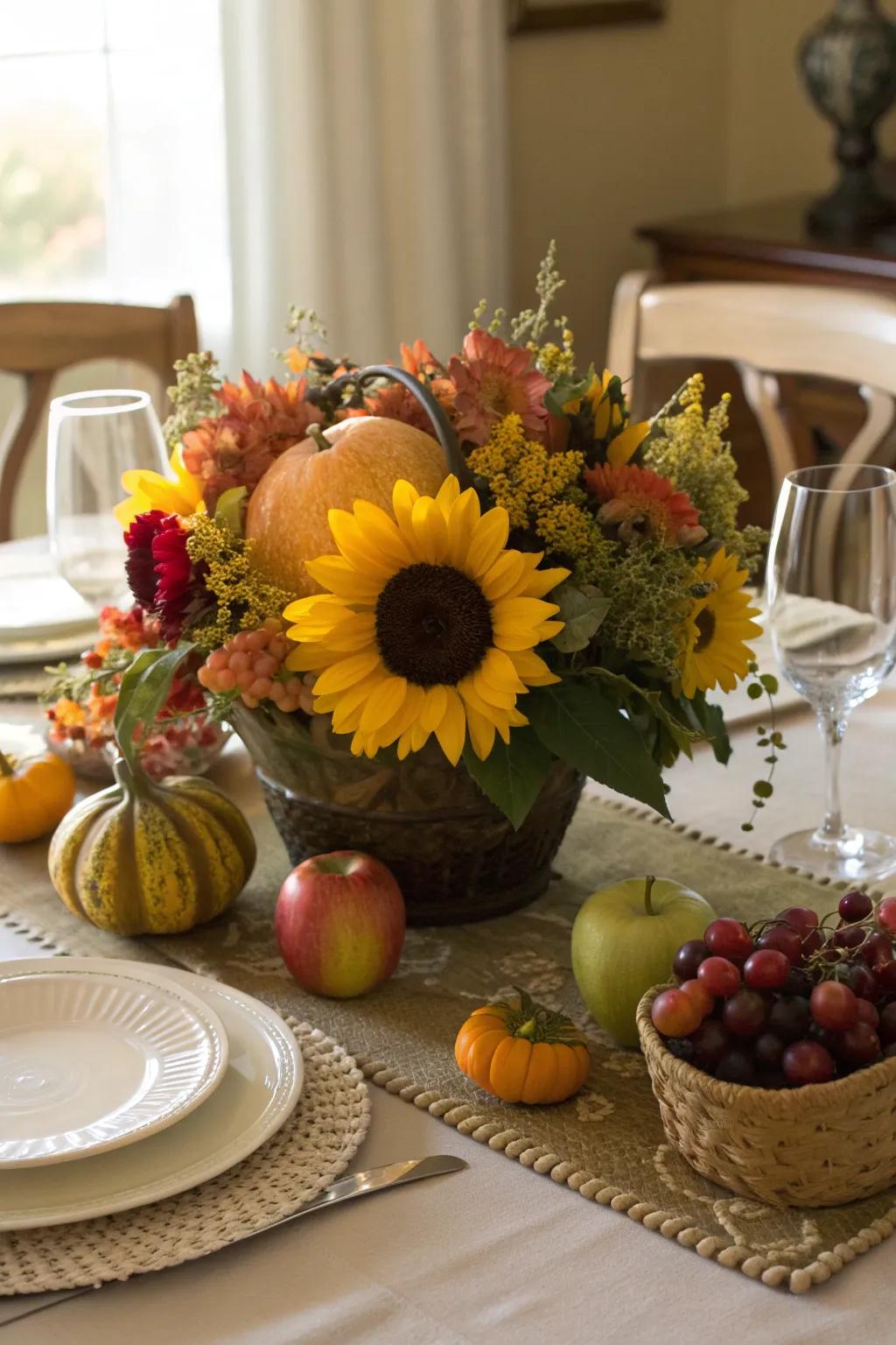 A stunning sunflower centerpiece complemented by seasonal fruits and foliage.