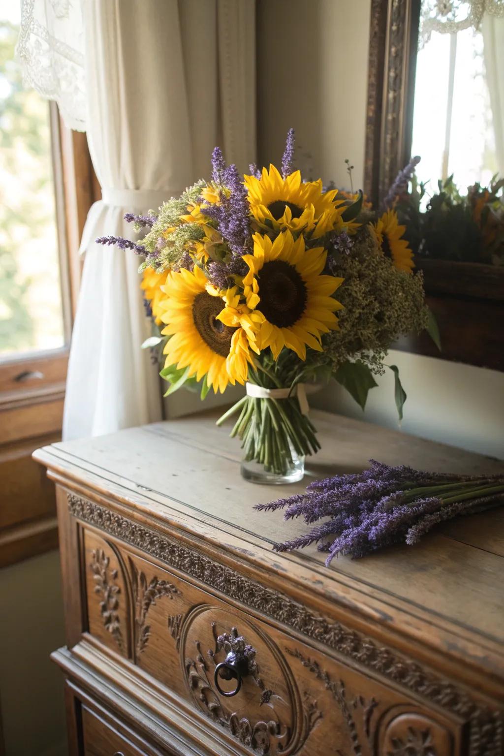A calming sunflower and lavender bouquet bringing peace to a room.
