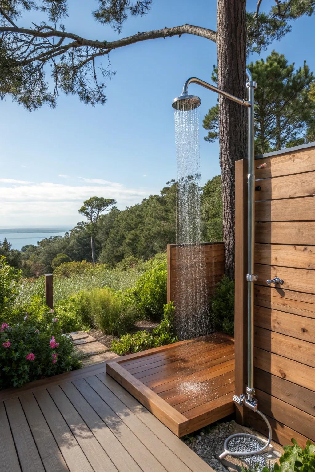 Cedar decking provides a cozy, aromatic base for outdoor showers.