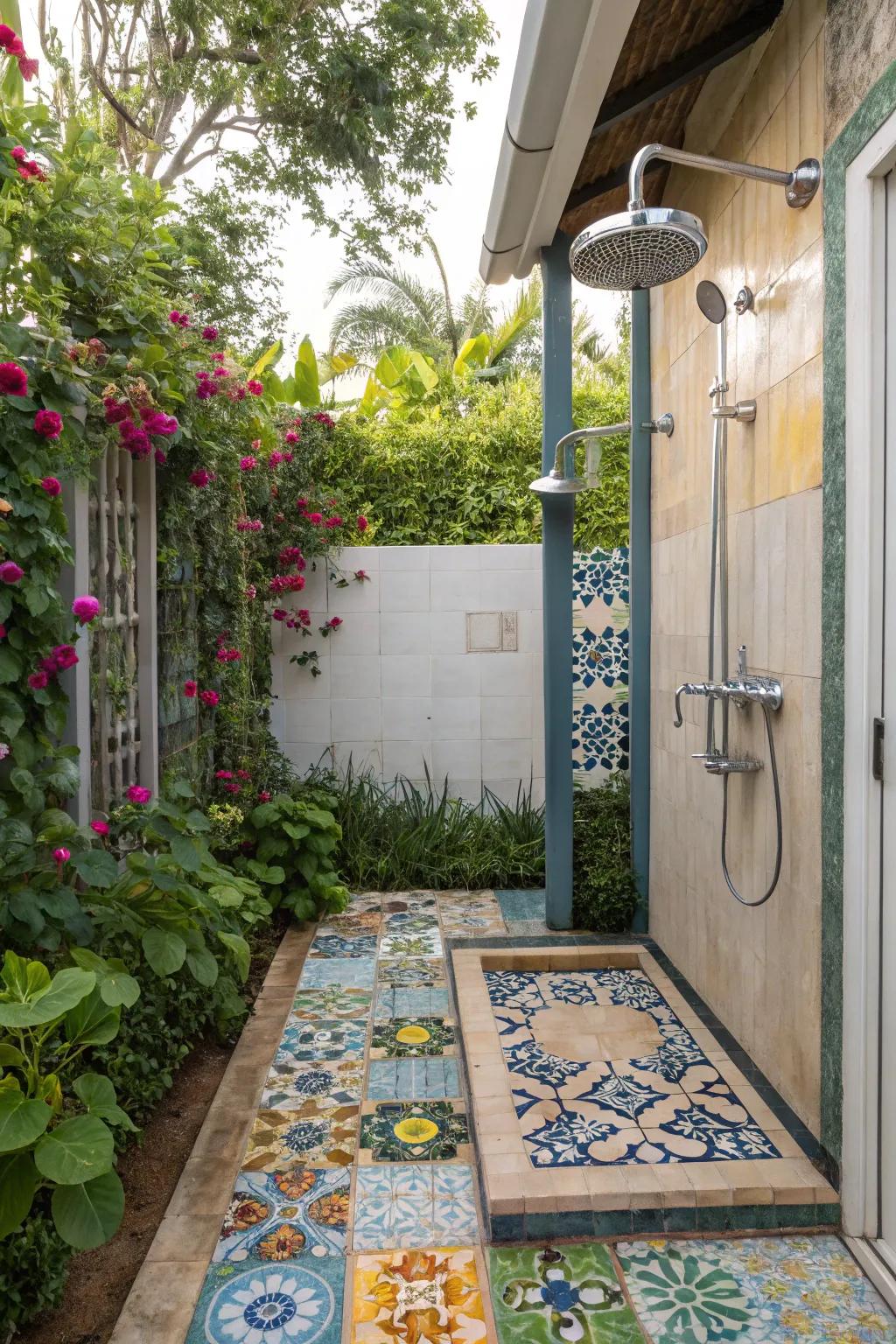 Patterned tiles transform shower floors into artistic statements.