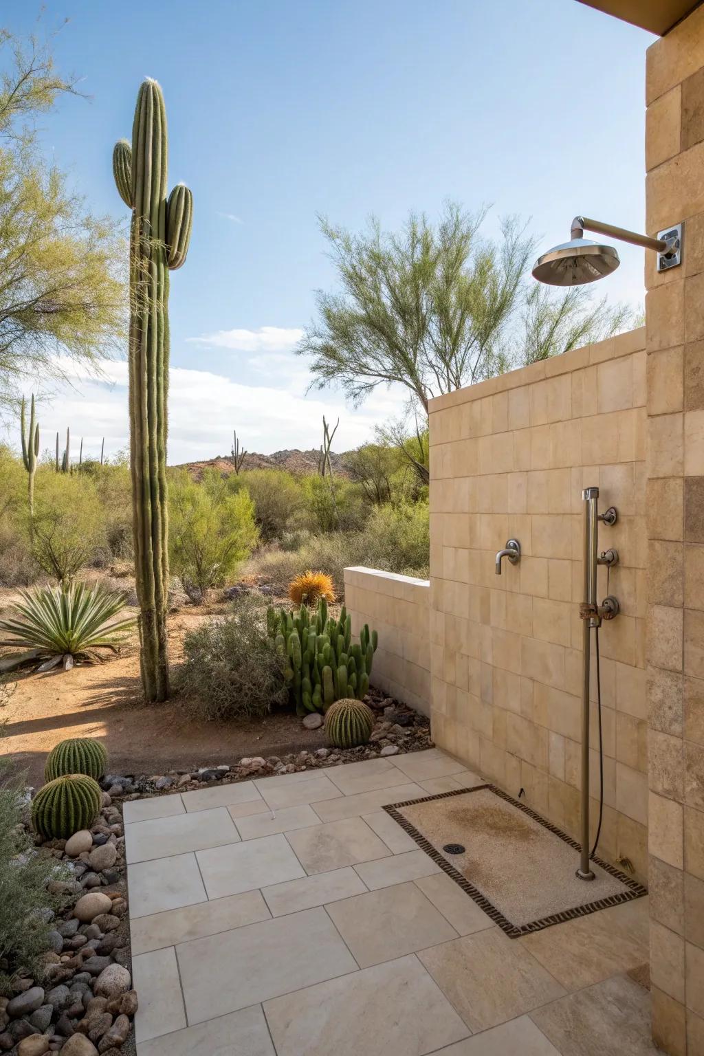 Sandstone tiles provide a serene, desert-inspired touch to outdoor showers.