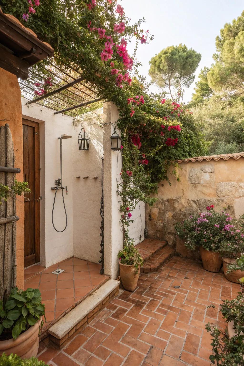 Terracotta tiles infuse warmth and Mediterranean charm into outdoor showers.