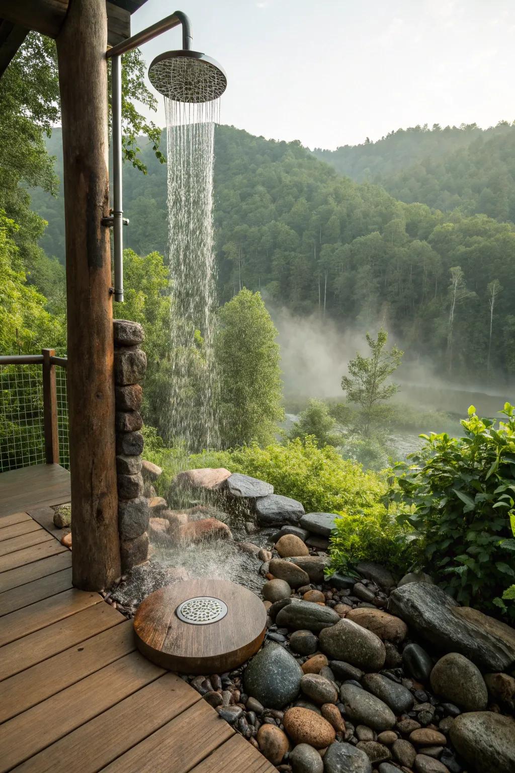 River rock flooring provides a natural, spa-like texture for outdoor showers.