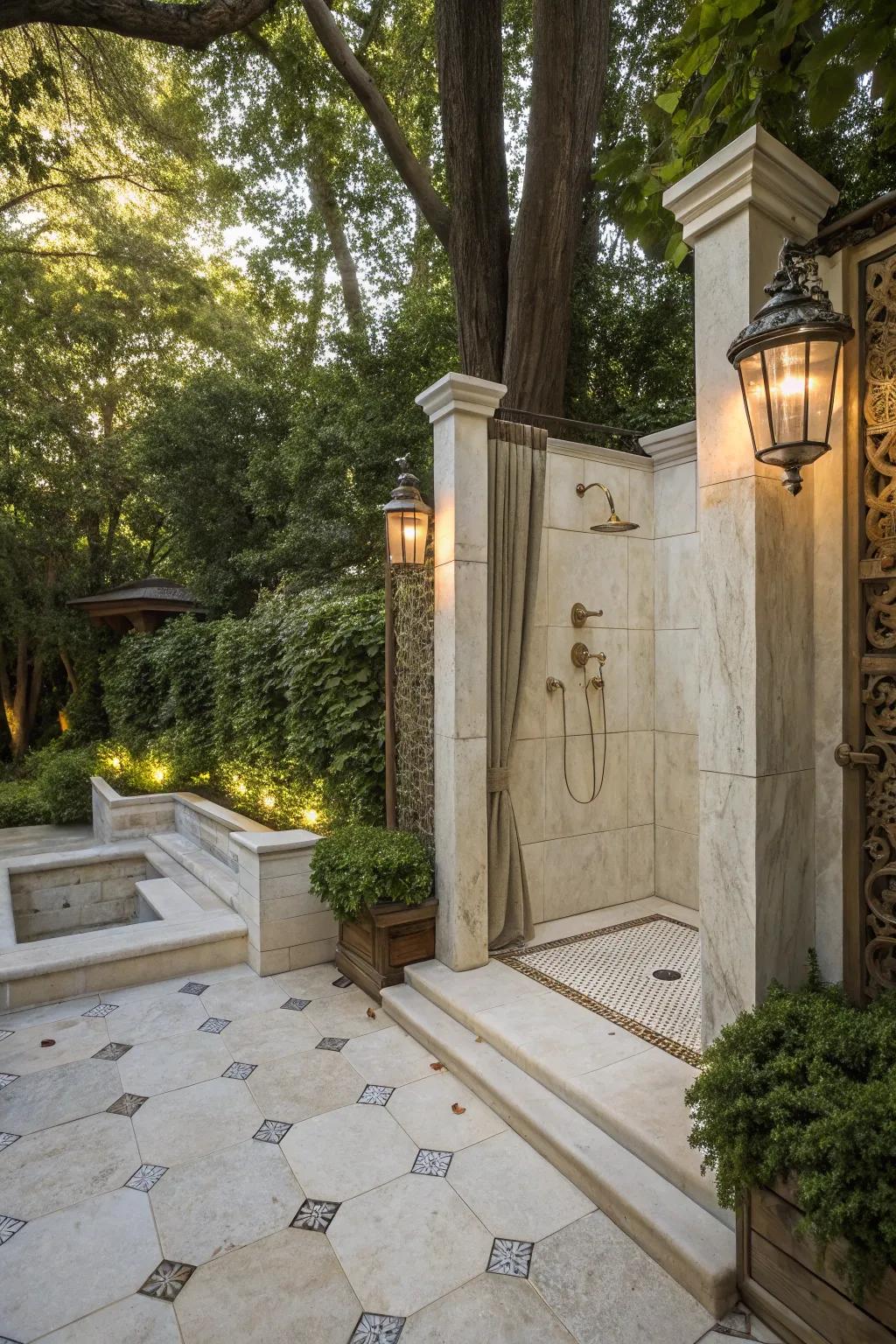 Marble tiles bring luxury and elegance to outdoor showers.