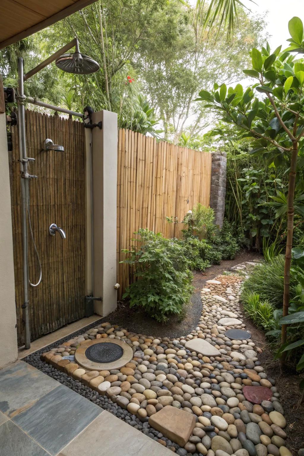 Pebble mosaics provide a natural, soothing texture for outdoor showers.
