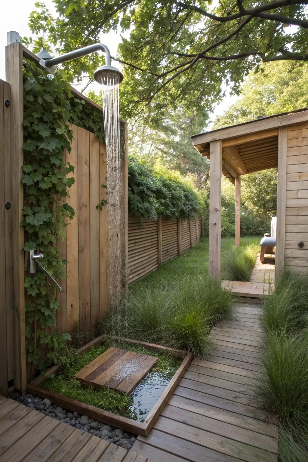 Grass flooring integration creates a fresh, natural shower ambiance.
