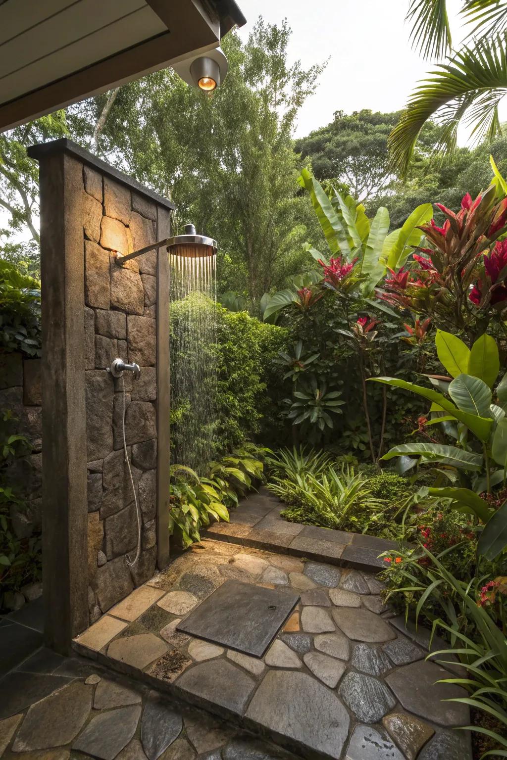 Stone tiles offer a luxurious feel and blend with natural surroundings.