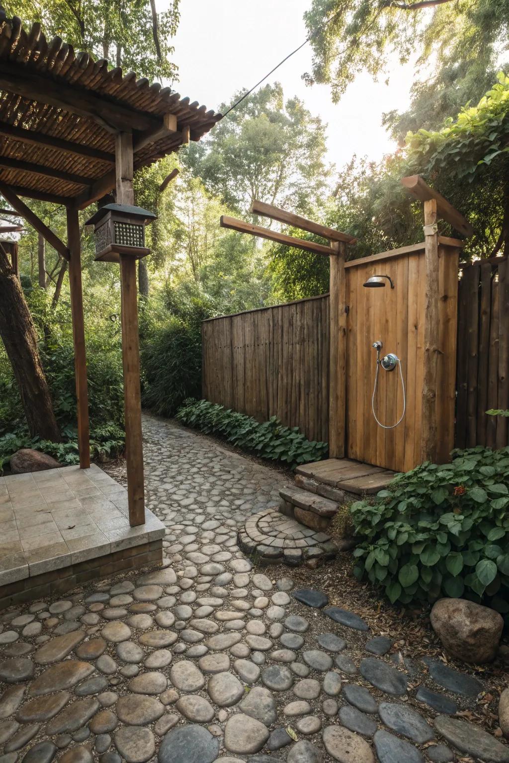 Cobblestone flooring adds quaint charm to outdoor shower spaces.