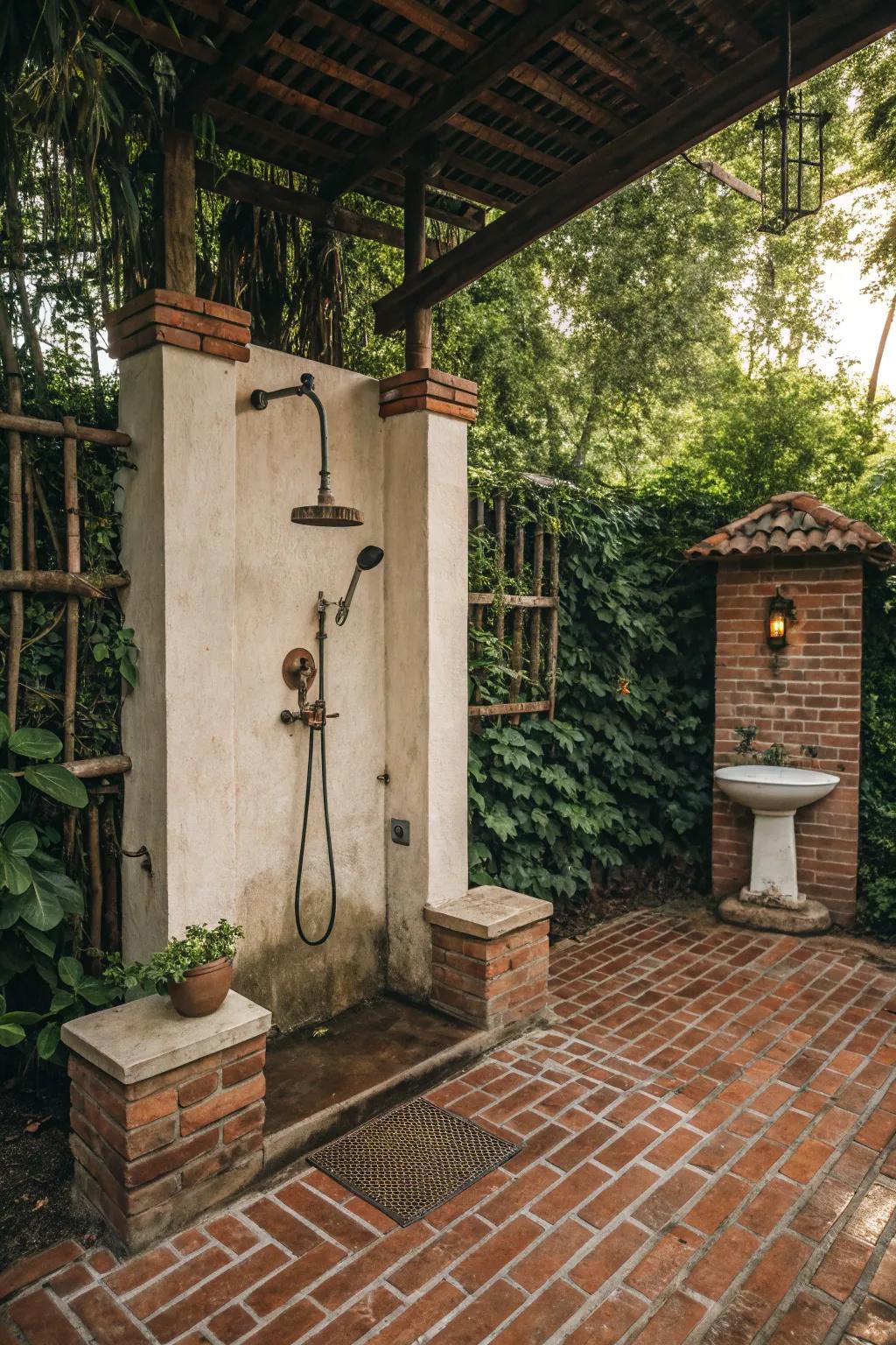 Brick flooring adds rustic charm and durability to outdoor showers.