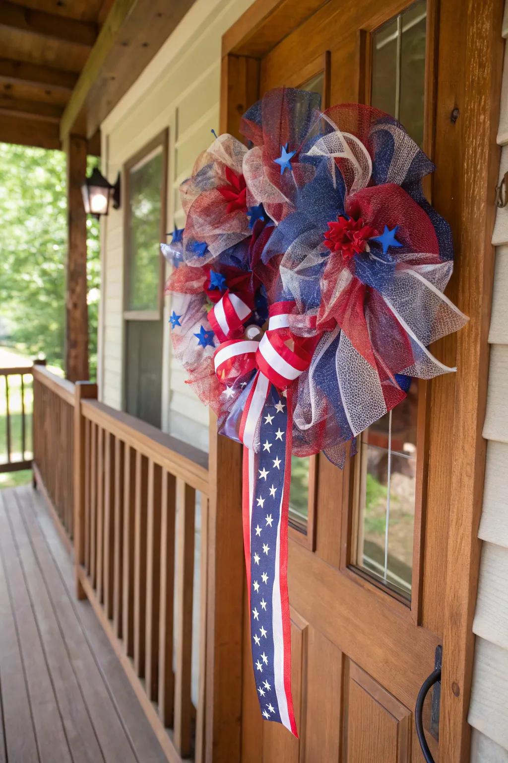A patriotic mesh wreath perfect for national celebrations.