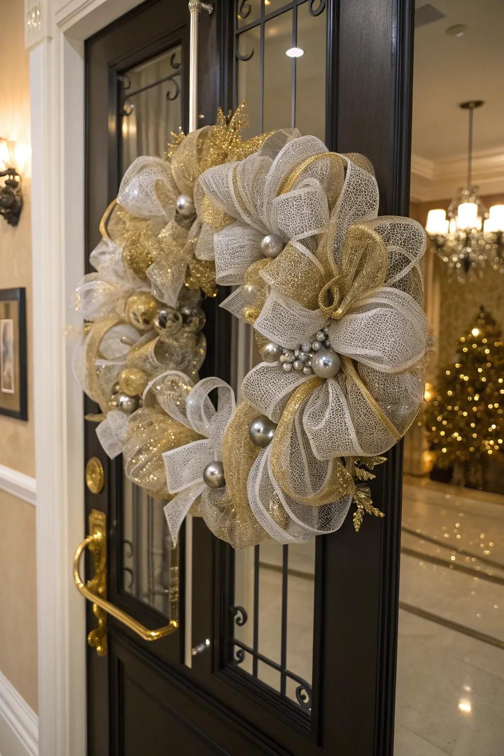 A glamorous gold and silver mesh wreath for festive decor.