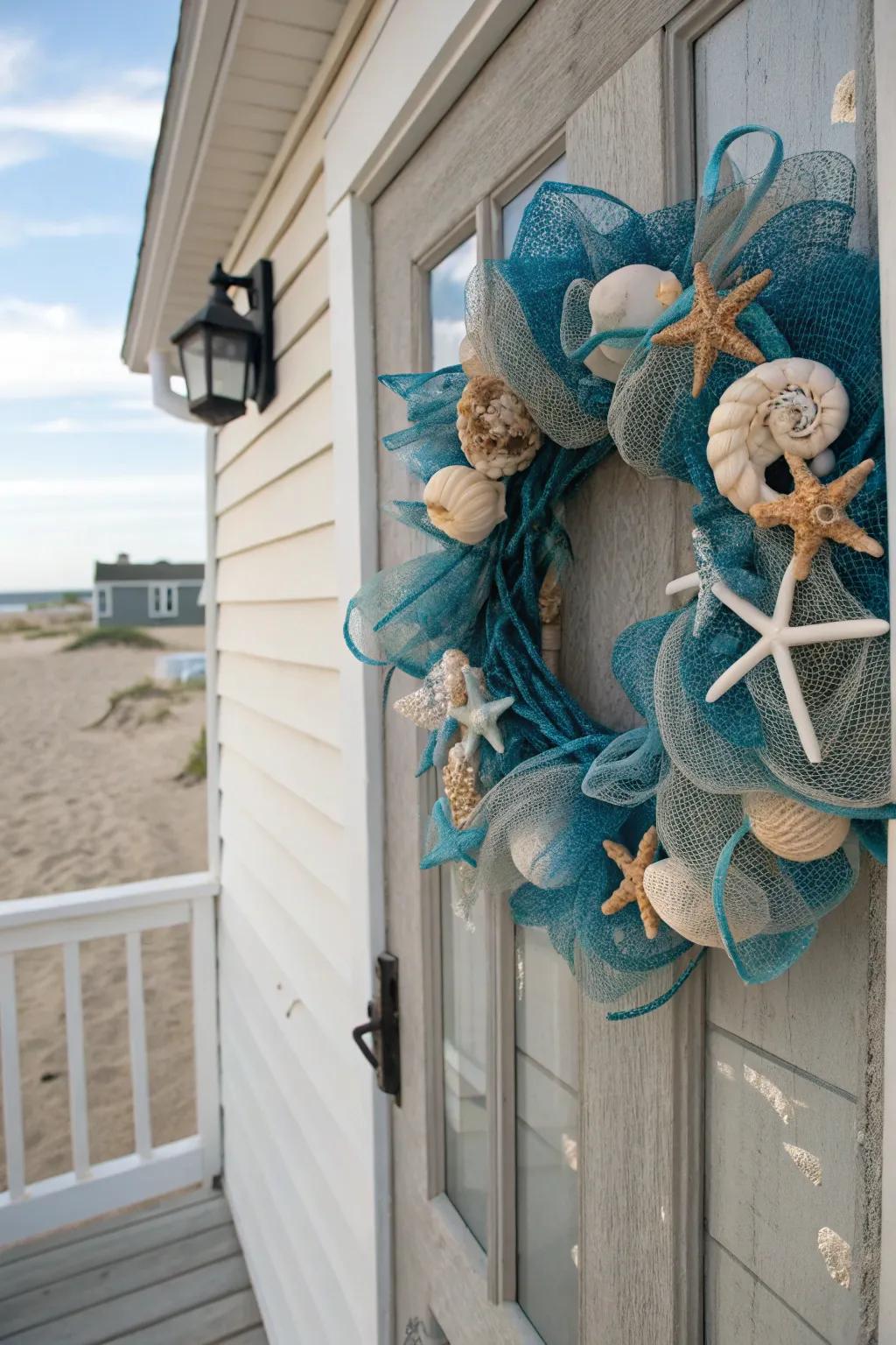 A coastal breeze mesh wreath with nautical charm.