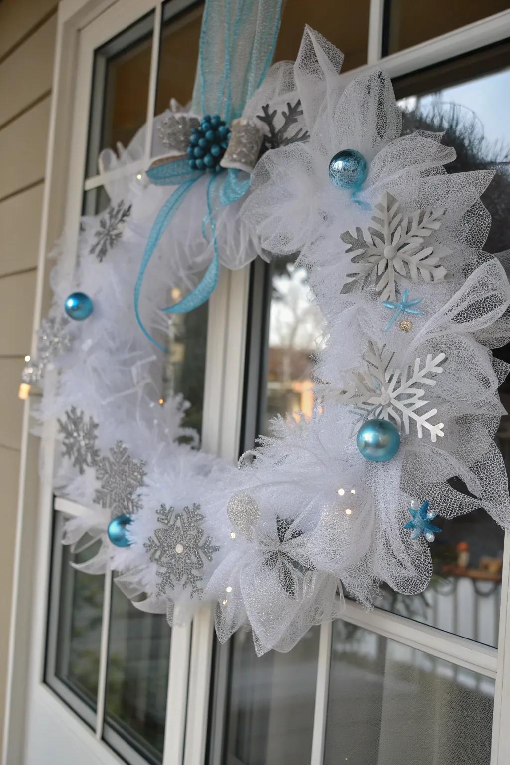 A winter wonderland mesh wreath with icy tones.