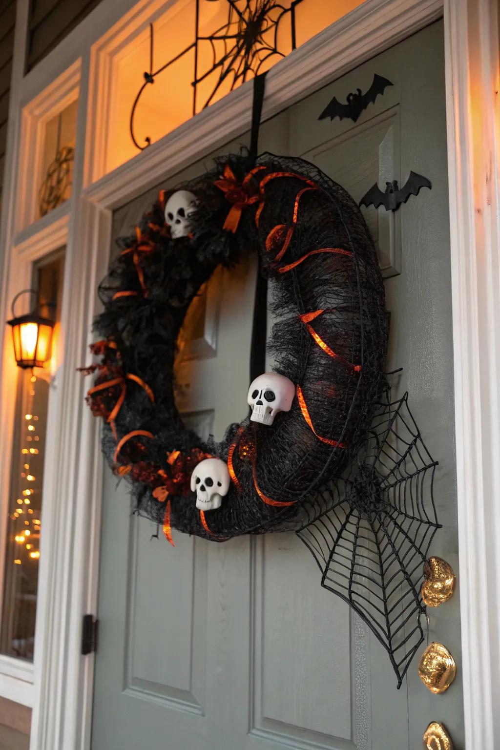 A spooky Halloween mesh wreath with eerie embellishments.