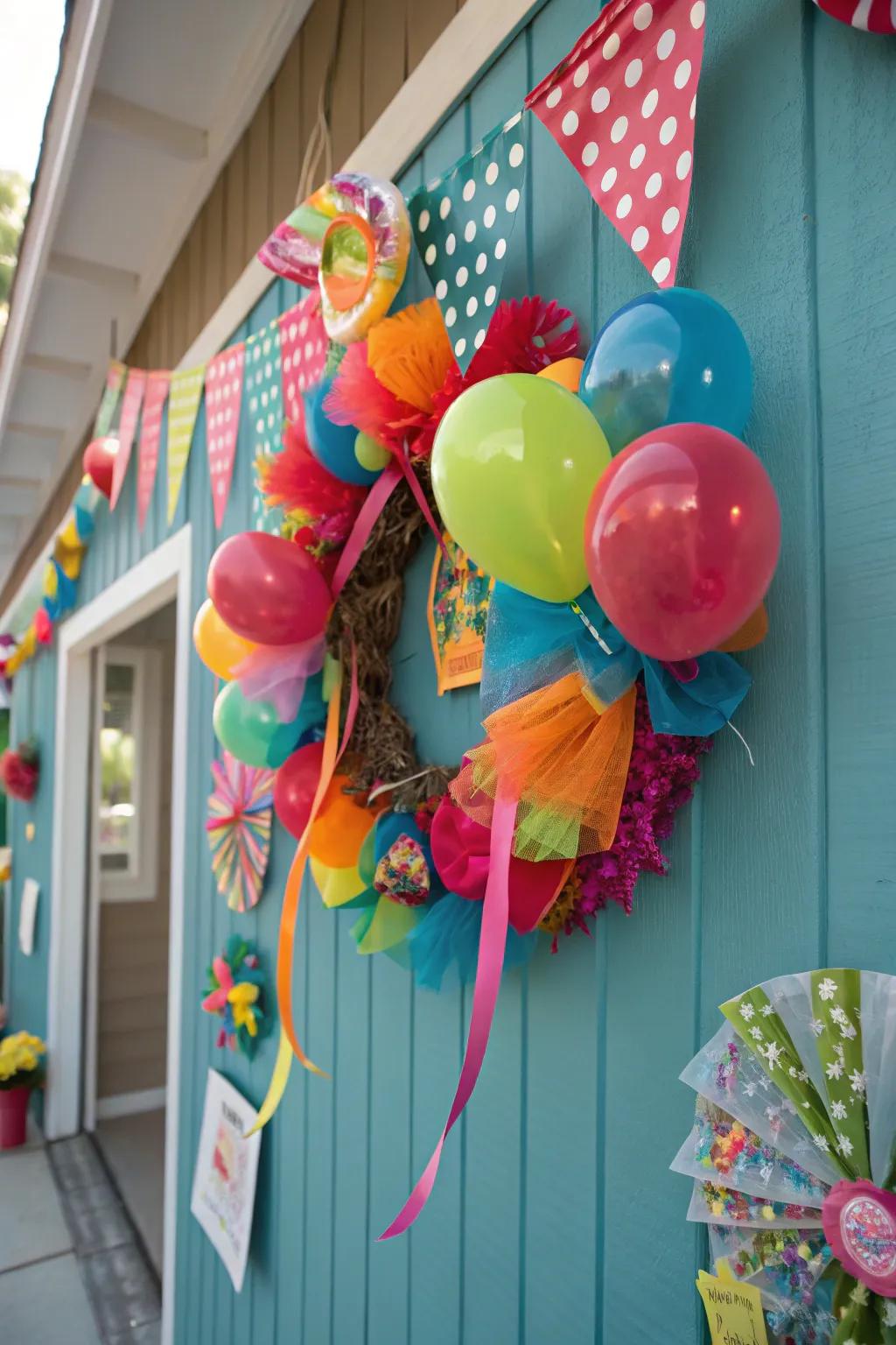 A vibrant fiesta mesh wreath for festive occasions.