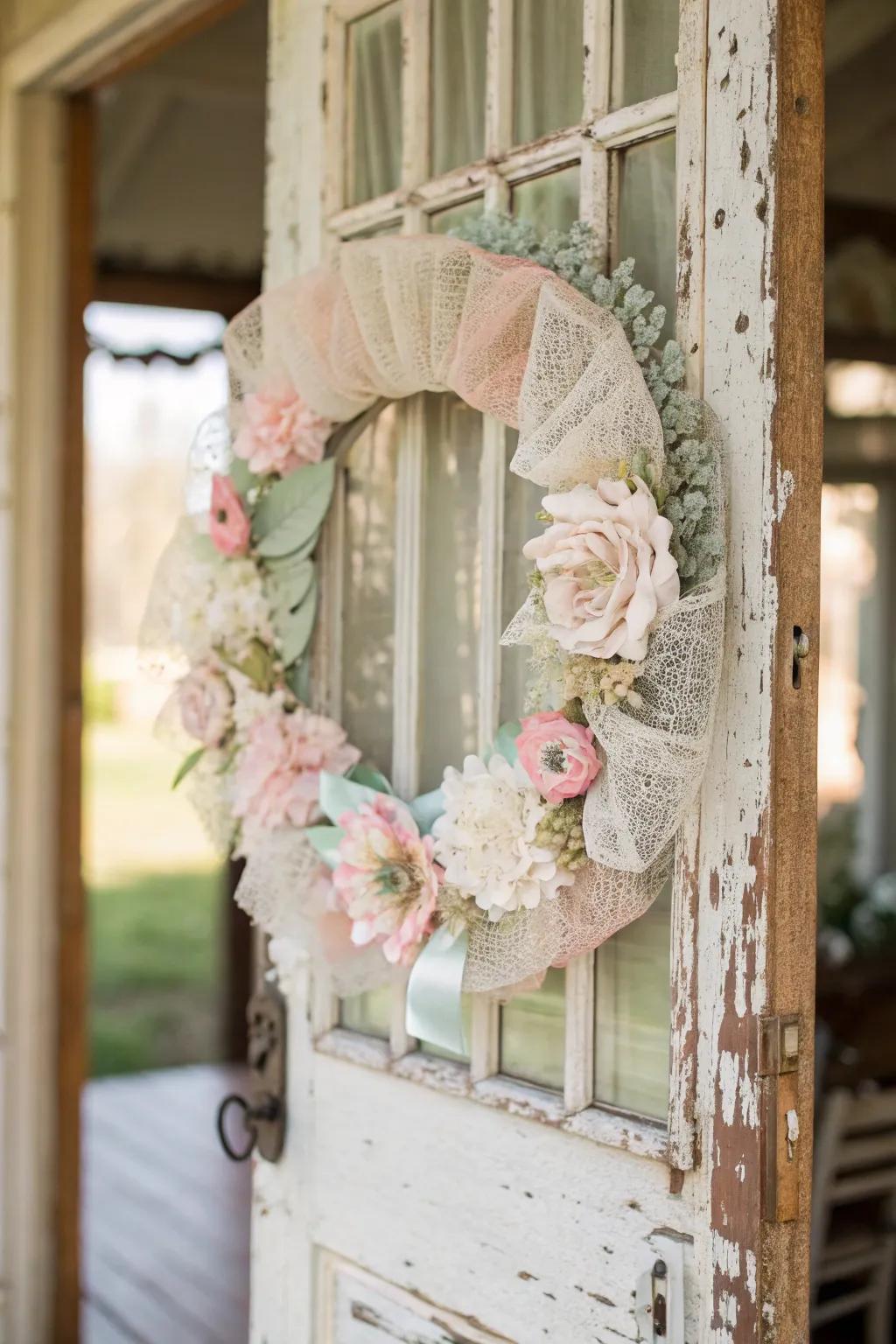 A vintage charm mesh wreath with lace details.