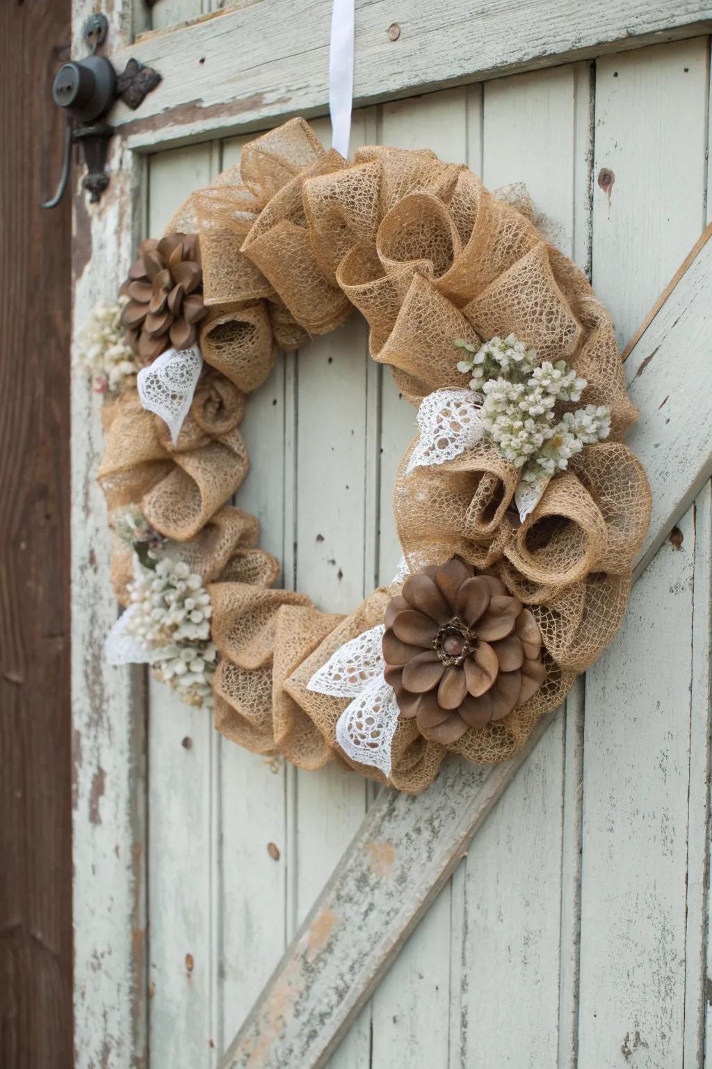 A rustic burlap and mesh wreath with lace accents.