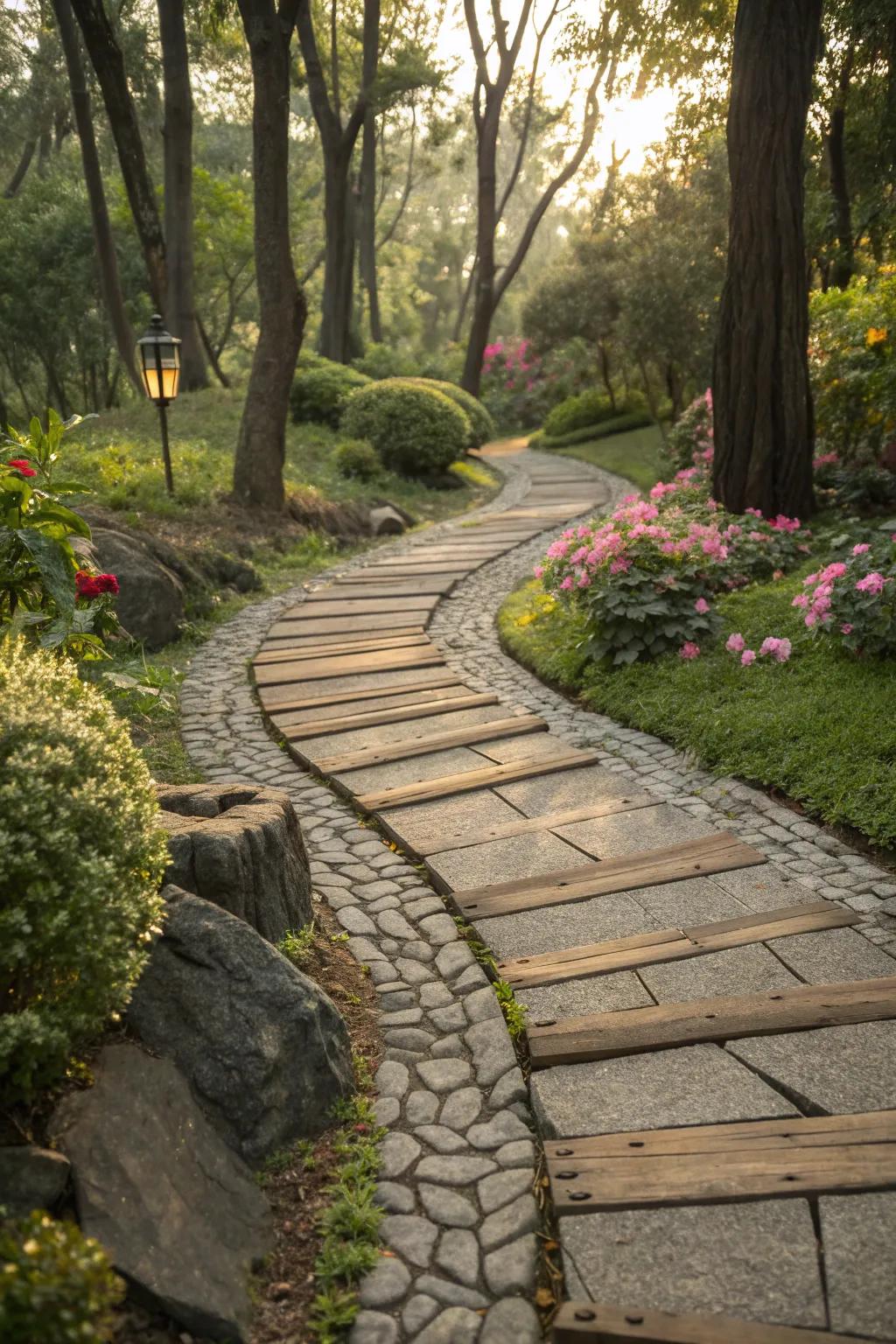 A garden path featuring contrasting materials for added interest.