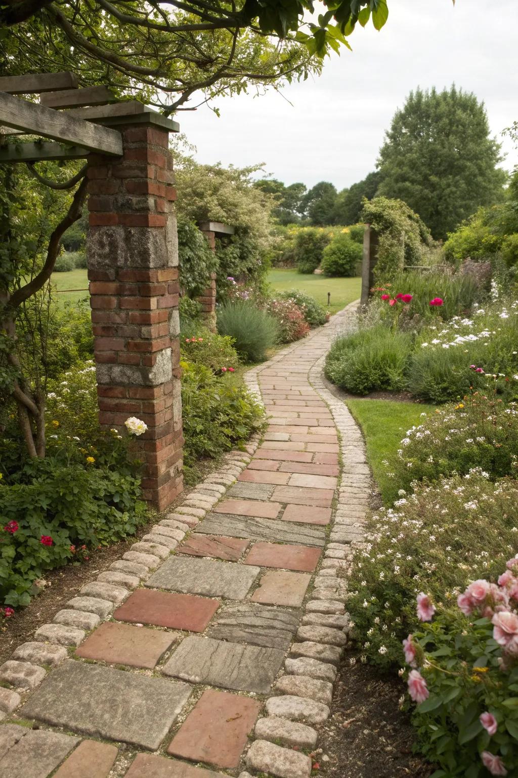 Mixed materials add texture and interest to this garden path.