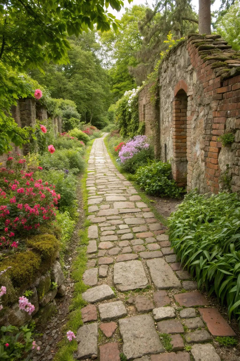 Reclaimed materials give this garden path a unique character.