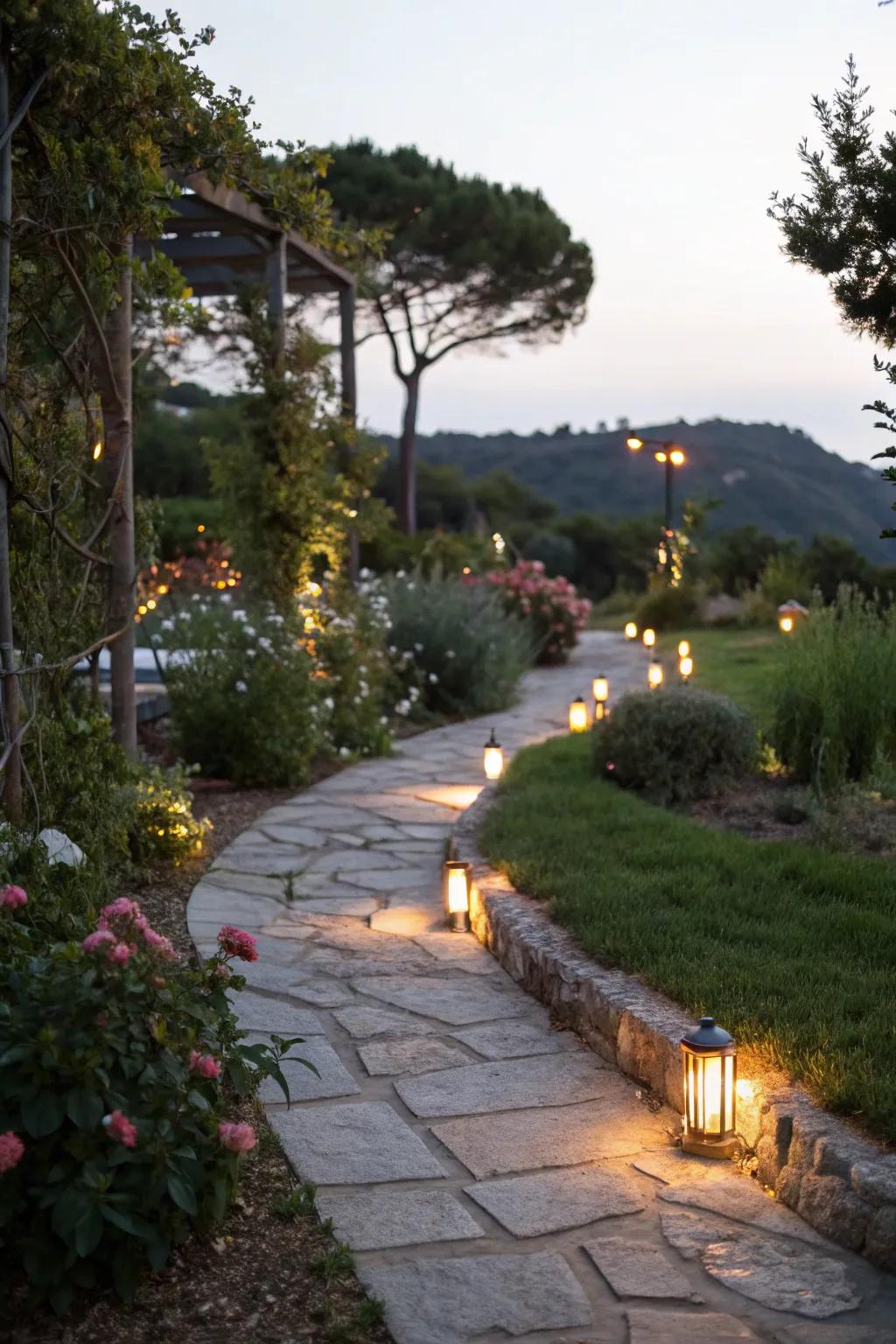 Subtle lighting enhances the night-time allure of this garden path.