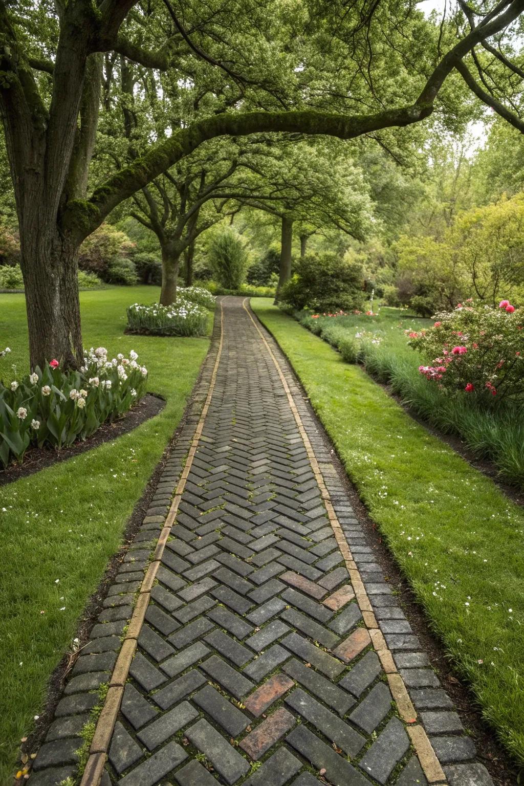Patterned pathways add flair to the garden setting.
