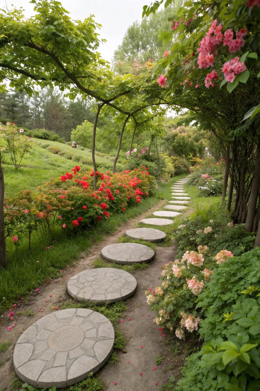 Circular stepping stones add a playful touch to the pathway.