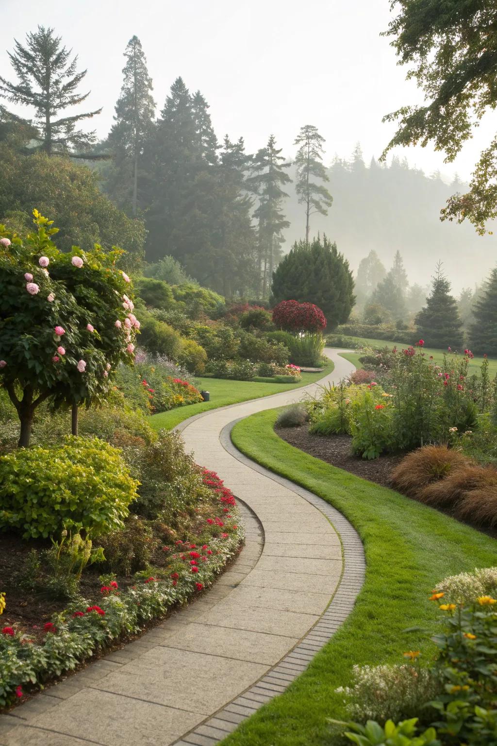 A curved garden path that encourages a leisurely stroll.